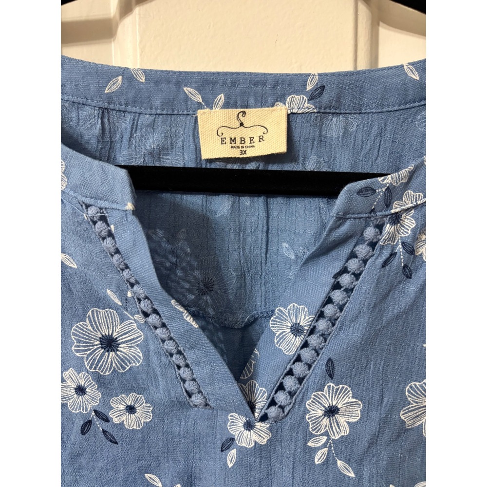 Ember | Floral Split Neck Pom Pom Trim Blouse | 3X || Blue| - Picture 3 of 5